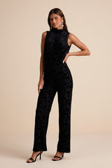Micola Black Velvet Jacquard Mock Neck Jumpsuit