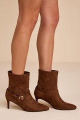 Jonelle Chocolate Suede Buckle High Heel Booties