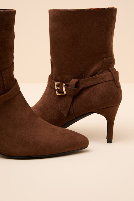 Jonelle Chocolate Suede Buckle High Heel Booties