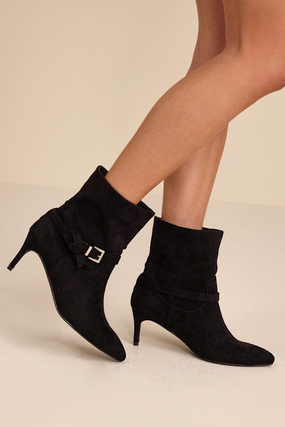 Jonelle Black Suede Buckle High Heel Booties