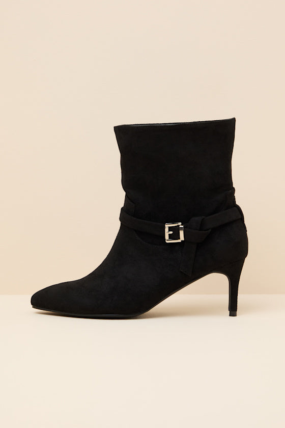 Jonelle Black Suede Buckle High Heel Booties