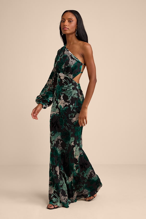 Kendrick Black Multi Floral Burnout One-Shoulder Maxi Dress