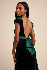 Romari Emerald Velvet Ruffled Puff Sleeve Bow Maxi Dress