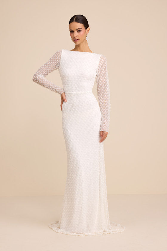 Mariani White Sequin Beaded Backless Long Sleeve Maxi Dress