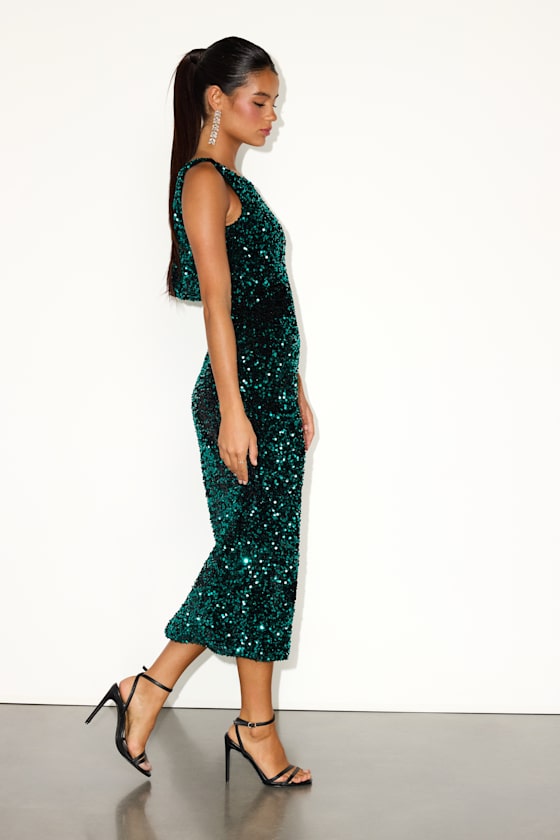 Oslah Emerald Velvet Sequin Cowl-Back Midi Dress