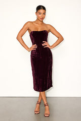Elenita Dark Plum Velvet Strapless Midi Dress