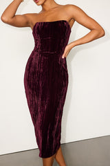 Elenita Dark Plum Velvet Strapless Midi Dress