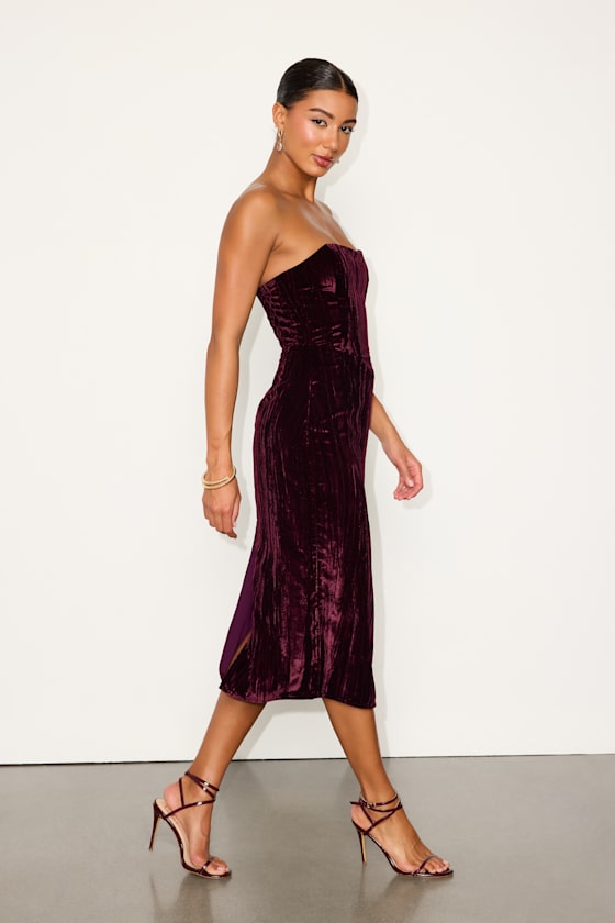 Elenita Dark Plum Velvet Strapless Midi Dress