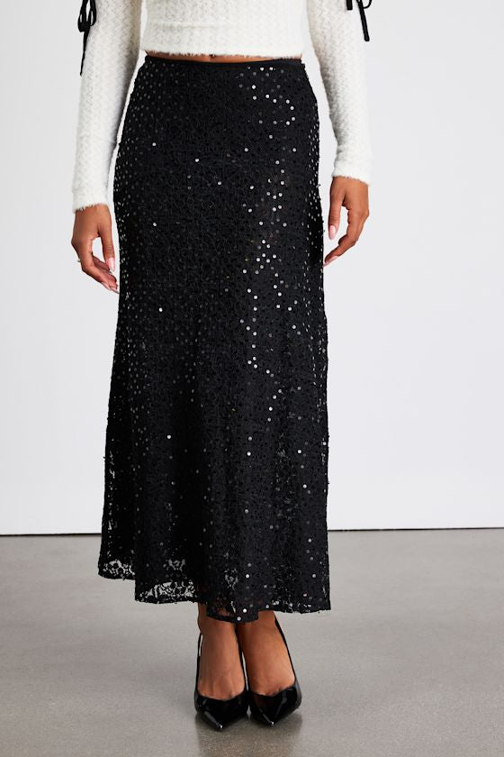 Isabelle Black Lace Sequin High-Rise Maxi Skirt