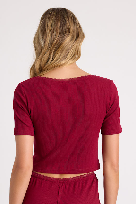 Laudrey Wine Red Ribbed Knit Short Sleeve Top