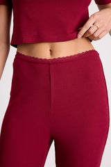 Laudrey Wine Red Ribbed Knit Wide-Leg Lounge Pants
