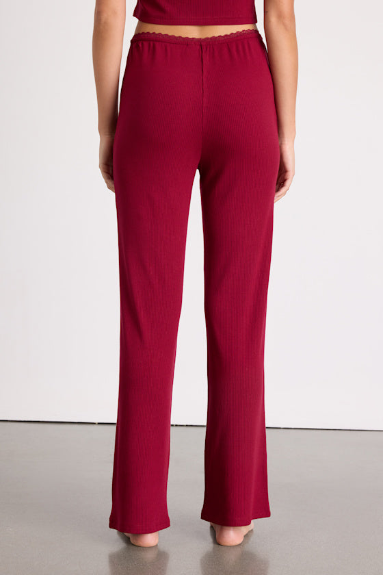 Laudrey Wine Red Ribbed Knit Wide-Leg Lounge Pants