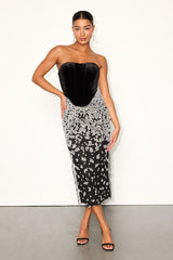 Renessa Black and Silver Velvet Sequin Strapless Midi Dress