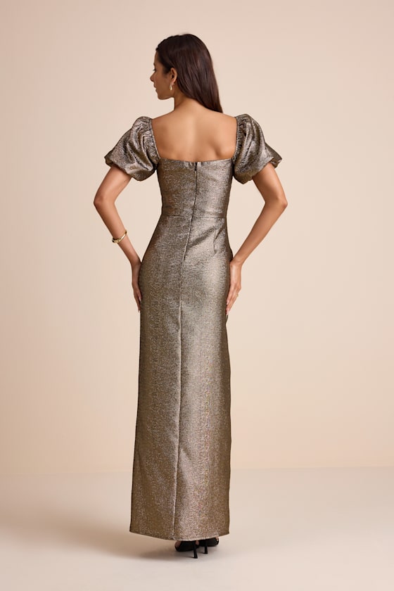 Celestina Bronze Lurex Puff Sleeve Mermaid Maxi Dress