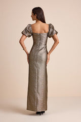 Celestina Bronze Lurex Puff Sleeve Mermaid Maxi Dress
