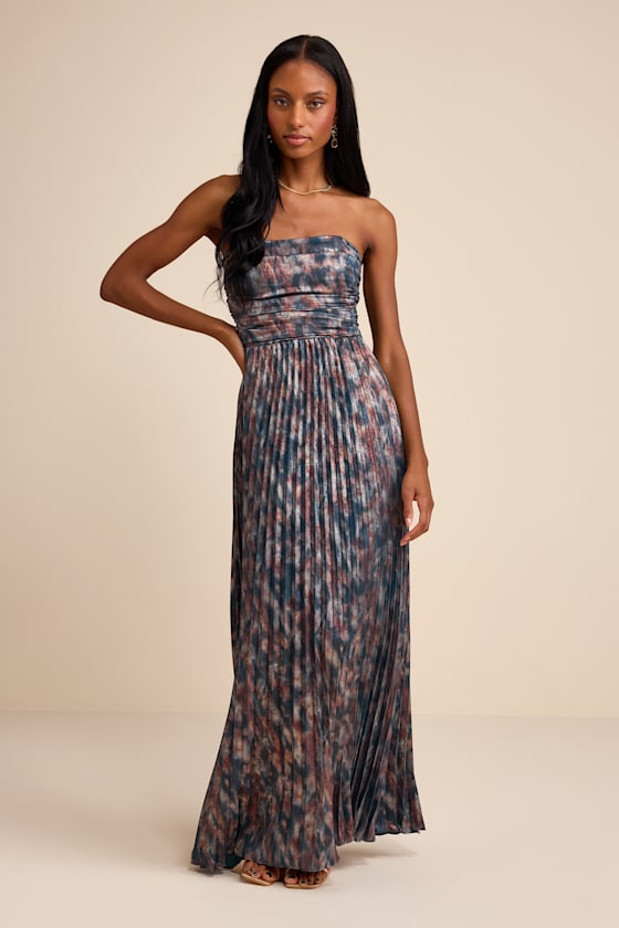 Islya Slate Blue Multi Abstract Pleated Strapless Maxi Dress