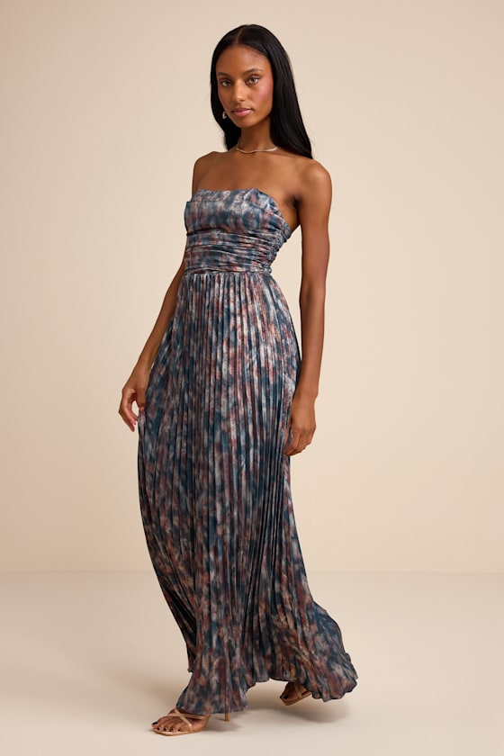 Islya Slate Blue Multi Abstract Pleated Strapless Maxi Dress