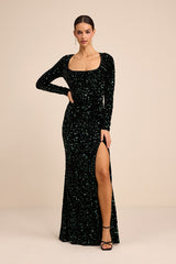 Rhonna Emerald Green Velvet Sequin Mermaid Maxi Dress
