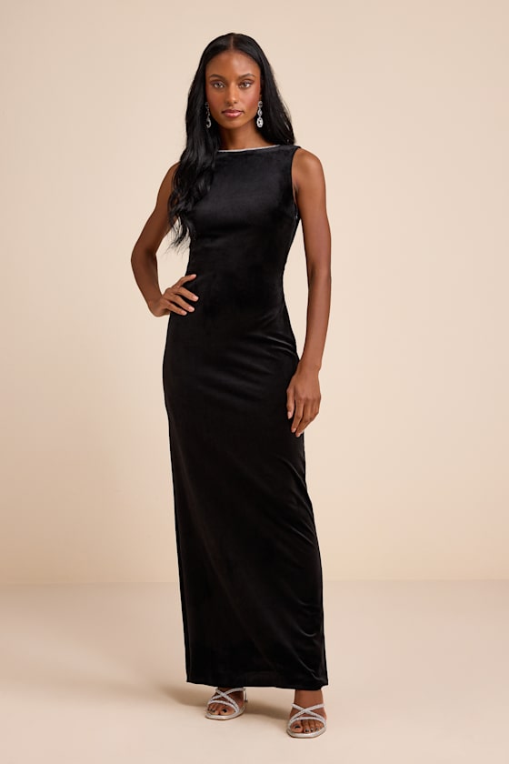 Barisan Black Velvet Rhinestone Bow Backless Maxi Dress