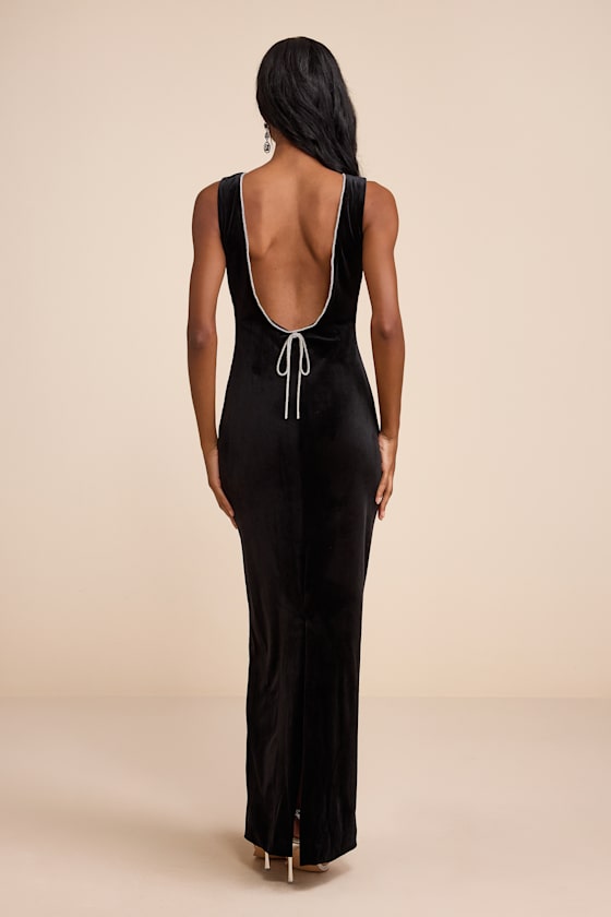 Barisan Black Velvet Rhinestone Bow Backless Maxi Dress