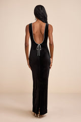 Barisan Black Velvet Rhinestone Bow Backless Maxi Dress