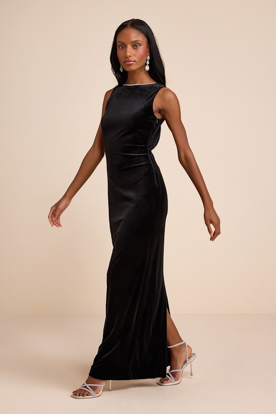 Barisan Black Velvet Rhinestone Bow Backless Maxi Dress