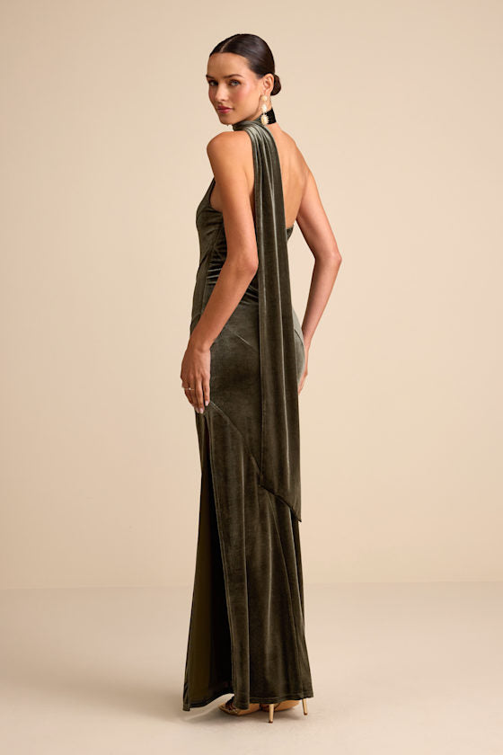 Eleni Dusty Olive Velvet One-Shoulder Sash Maxi Dress
