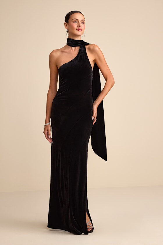 Eleni Black Velvet One-Shoulder Sash Maxi Dress