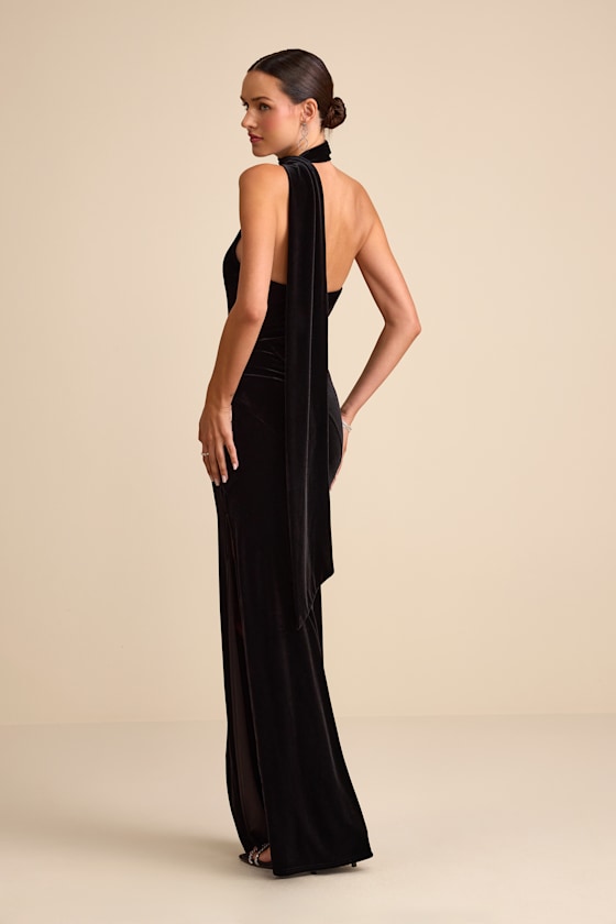 Eleni Black Velvet One-Shoulder Sash Maxi Dress