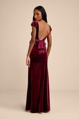 Romari Burgundy Velvet Ruffled Puff Sleeve Bow Maxi Dress