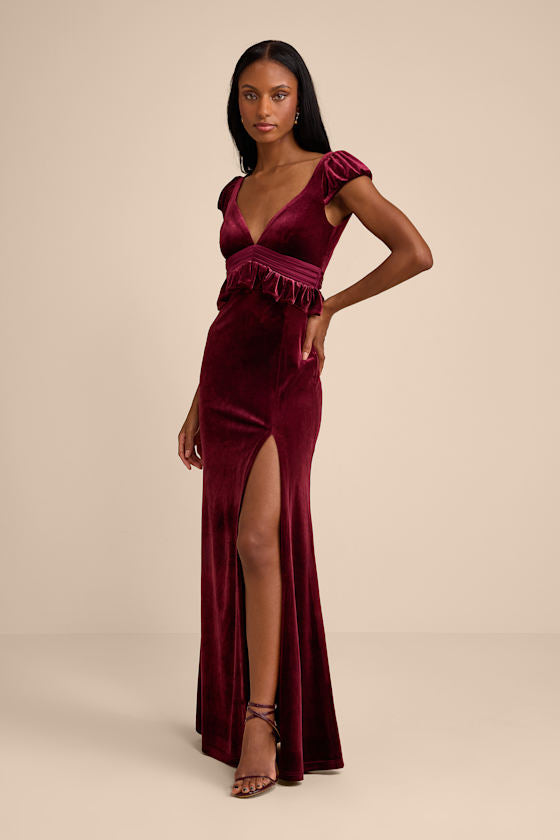 Romari Burgundy Velvet Ruffled Puff Sleeve Bow Maxi Dress