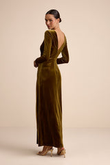 Angelina Olive Velvet Twist-Front Maxi Dress
