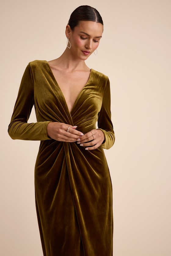 Angelina Olive Velvet Twist-Front Maxi Dress