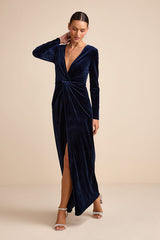 Angelina Navy Velvet Twist-Front Maxi Dress