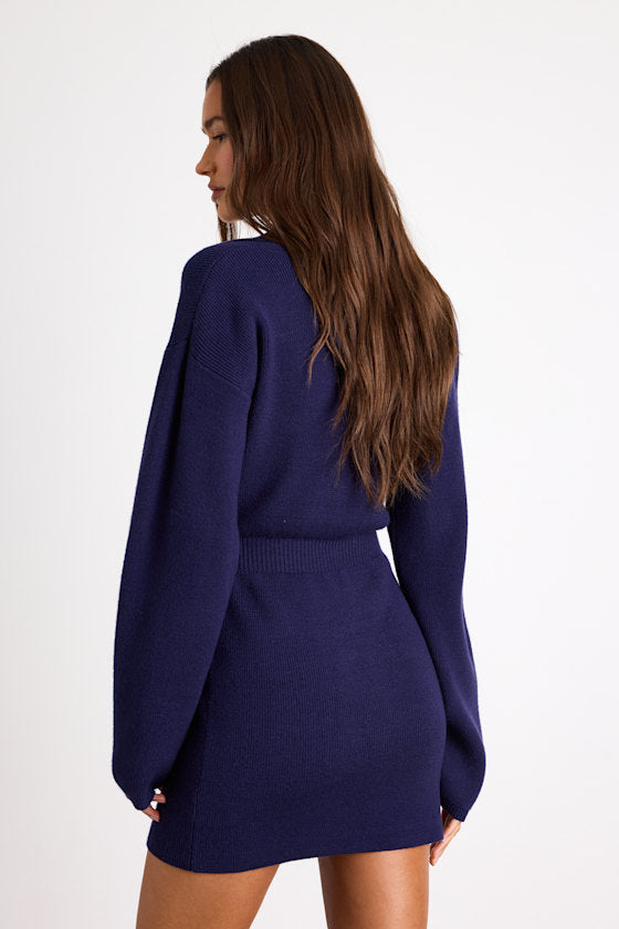 Rosella Navy Bodycon Collared Mini Sweater Dress