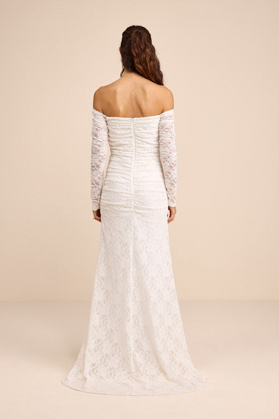 Jolena White Lace Off-the-Shoulder Ruched Maxi Dress