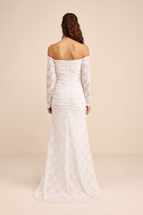 Jolena White Lace Off-the-Shoulder Ruched Maxi Dress