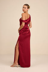 Aviana Dark Red Satin Asymmetrical Maxi Dress