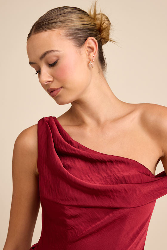 Aviana Dark Red Satin Asymmetrical Maxi Dress