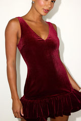 Medina Red Velvet Tiered Drop Waist Mini Dress