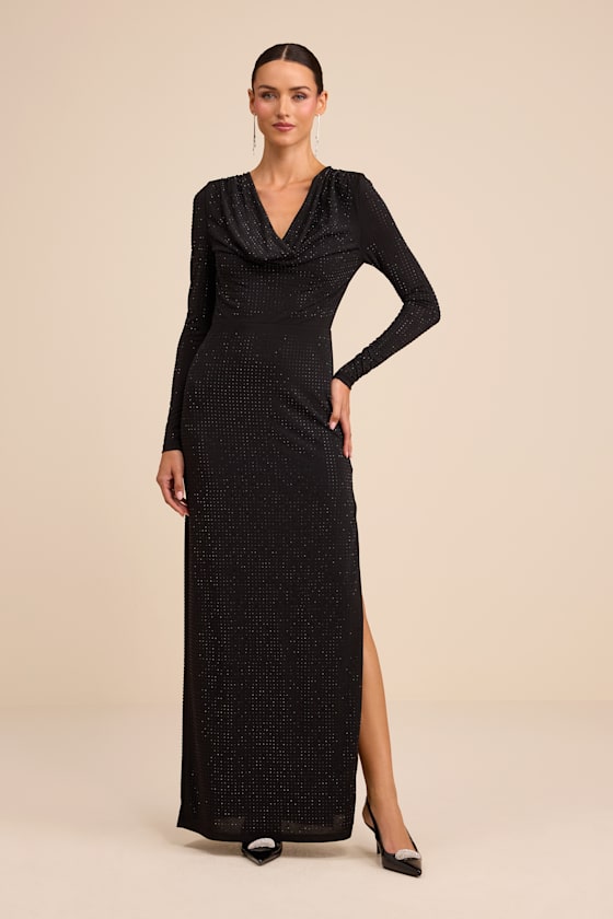 Rhodria Black Rhinestone Cowl Long Sleeve Maxi Dress