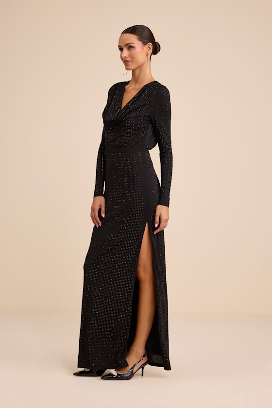 Rhodria Black Rhinestone Cowl Long Sleeve Maxi Dress