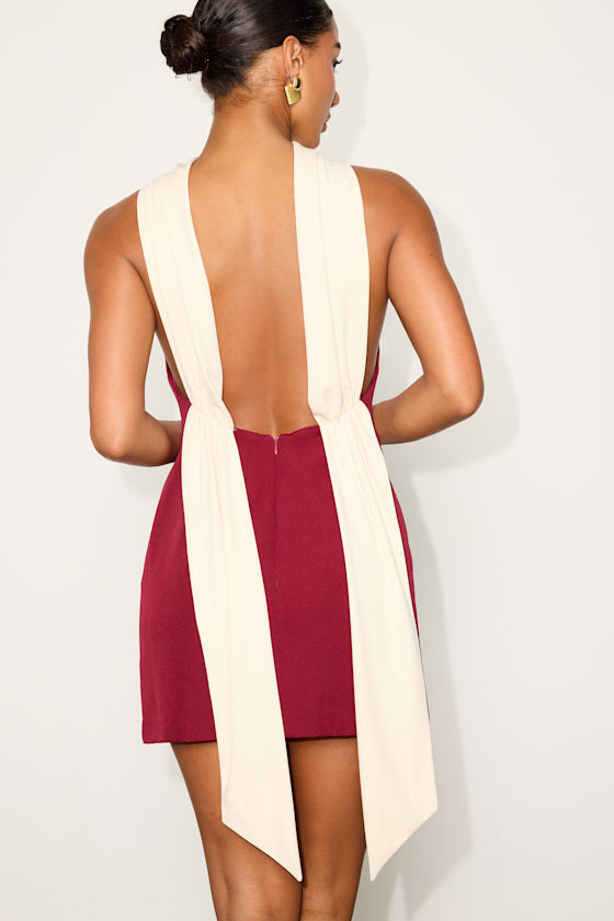 Sandri Wine Red and Cream Backless Bodycon Mini Dress