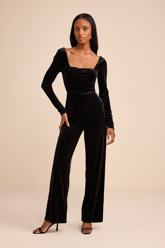Asalia Black Velvet Lace-Up Long Sleeve Straight-Leg Jumpsuit
