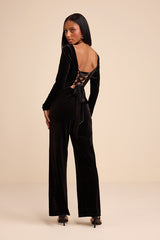 Asalia Black Velvet Lace-Up Long Sleeve Straight-Leg Jumpsuit
