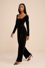 Asalia Black Velvet Lace-Up Long Sleeve Straight-Leg Jumpsuit