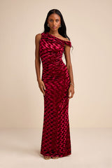 Renisa Dark Red Velvet Chevron Asymmetrical Maxi Dress