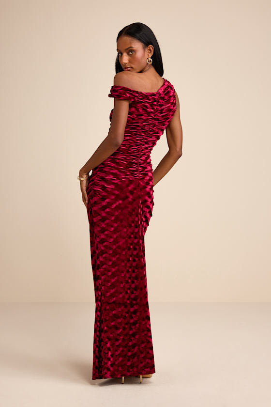 Renisa Dark Red Velvet Chevron Asymmetrical Maxi Dress