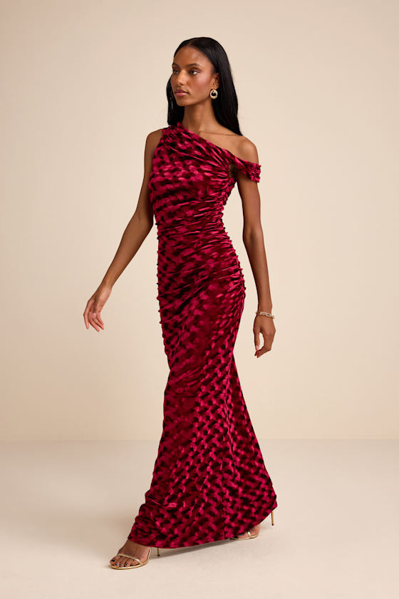 Renisa Dark Red Velvet Chevron Asymmetrical Maxi Dress