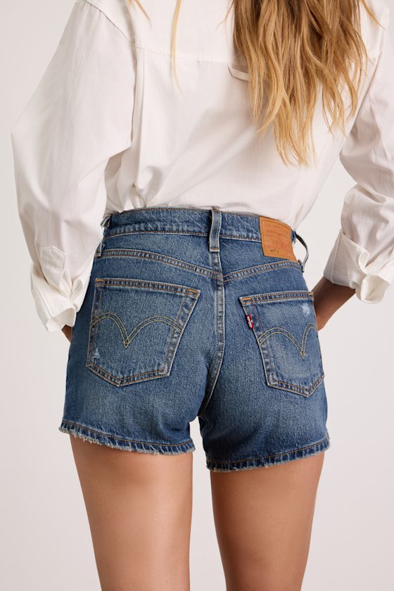 501 Curve Dark Wash Denim Distressed Shorts